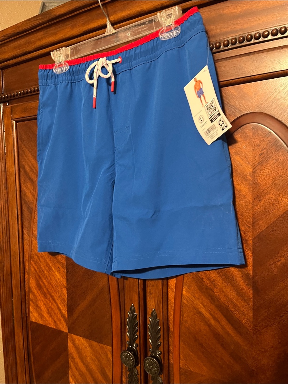 Men's Blue Swim Trunks with Red Waistband and Patriotic Star Liner
